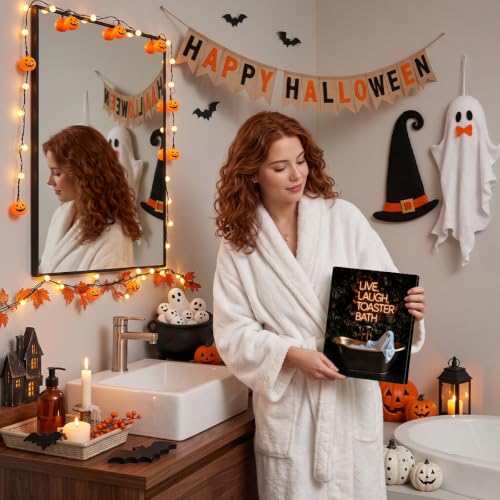 Ghost Bubble Bath Neon Sign Scene - 8x10 Inch Halloween Canvas Wall Art - Spooky Bathroom Decor