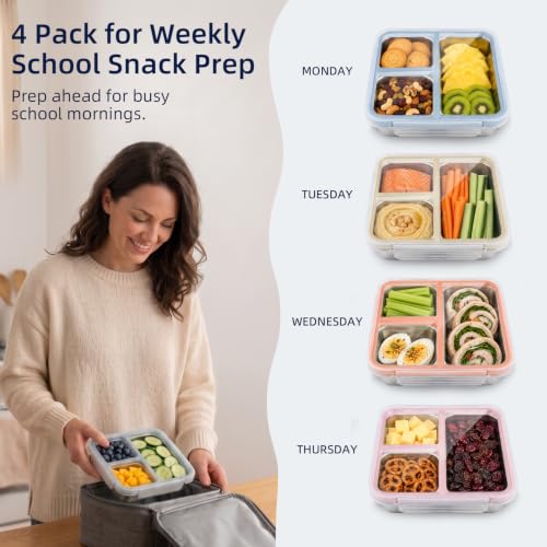 Square 3-Compartment Stainless Steel Snack Containers with Lids for Kids - 4 Pack