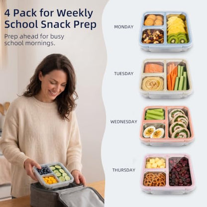 Square 3-Compartment Stainless Steel Snack Containers with Lids for Kids - 4 Pack