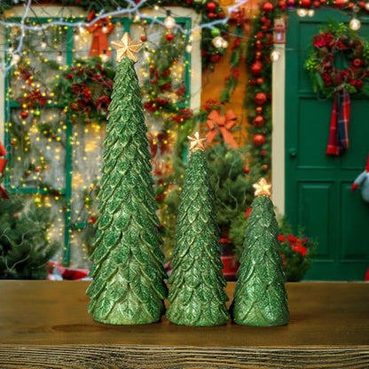 Beeveer 3-Piece Christmas Tree Figurines Set Glitter Resin Table Decor - Green