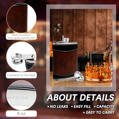 Leather-Wrapped 8 oz Stainless Steel Liquor Flasks Set with Funnel - Leakproof Whiskey Drinking Bottles for Weddings & Parties