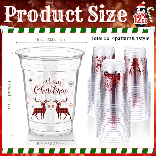 Christmas Buffalo Plaid Plastic Cups 12 Oz - Merry Christmas Party Supplies (50 Pack)