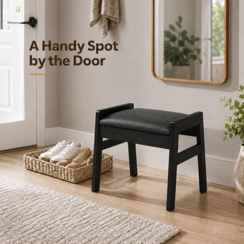BAMBOOHOMIE Black Bamboo Foot Stool Ottoman with Removable Cushion & Handles