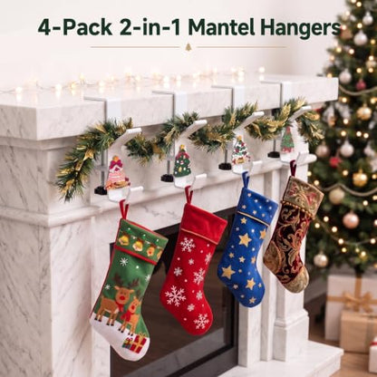 White 4 Pack 2-in-1 Garland & Christmas Stocking Holders for Mantle