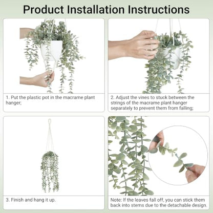 Ivory Fake Hanging Plant with Macrame Pot and Eucalyptus Vines - Durable Indoor Decor