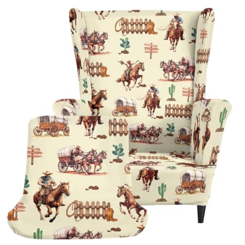 Western Cowboy Horse Wingback Chair Cover Reversible Dustproof Slipcover with Ottoman Protector - Fits Most Wing Chairs, Washable, Furniture Protector