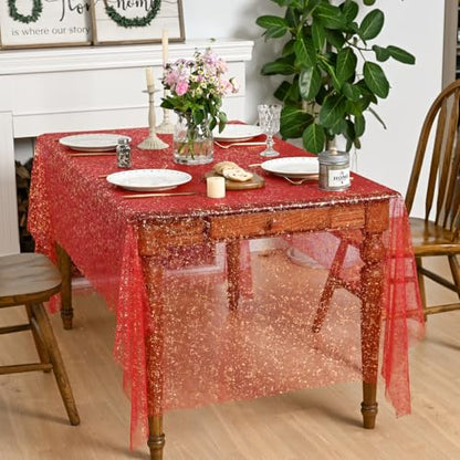 Horaldaily Red Gold Gauze Square Tablecloth 60x60 Inch Home Decor