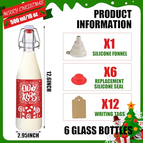 6 Pack Christmas Red Glass Coquito Bottles with Swing Top Cap & Labels