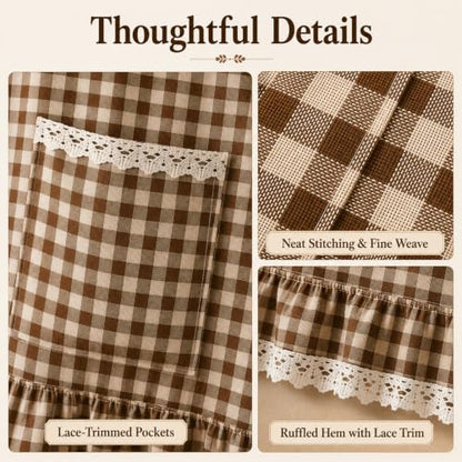 Farmhouse Tie Top Oven Skirt Curtain with Pockets - Brown