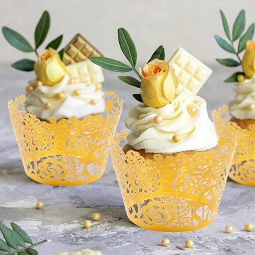 Gold Lace Cupcake Liners, Wedding & Party Baking Wrappers - 50Pcs