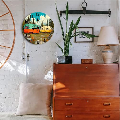 10 Inch Wooden Wall Clock - Camper Theme Silent Sweep Movement, Variation Clock-018+10inch×10inch