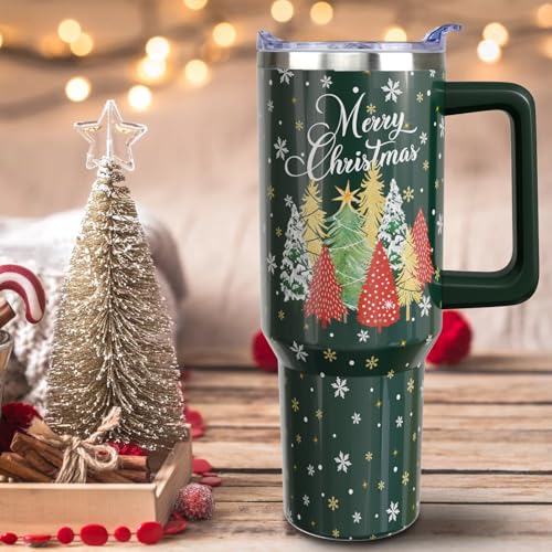 Pink Christmas Tumbler with Handle and Straw, 40oz Insulated Stainless Steel Snowman Cup - Green-Tree Variation