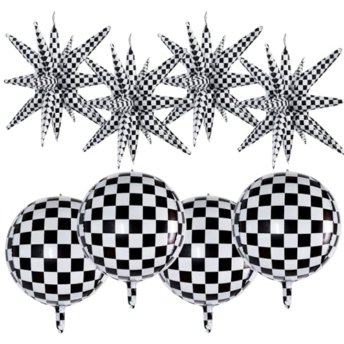 TONIFUL 8 Pack 22 Inch Black Checkered Large 4D Round and Star Foil Balloons Set - Party Decorations for Christmas, New Year, Birthday, Wedding