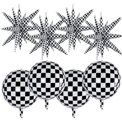 TONIFUL 8 Pack 22 Inch Black Checkered Large 4D Round and Star Foil Balloons Set - Party Decorations for Christmas, New Year, Birthday, Wedding
