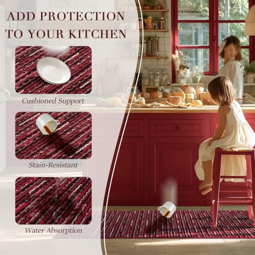 Kitchen Rugs Set of 2 Non Slip Red Floor Mats - 20x47 and 20x32 Inches