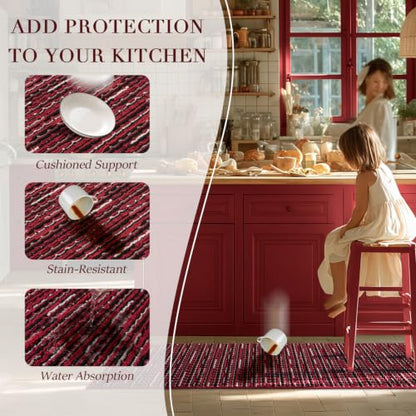 Kitchen Rugs Set of 2 Non Slip Red Floor Mats - 20x47 and 20x32 Inches