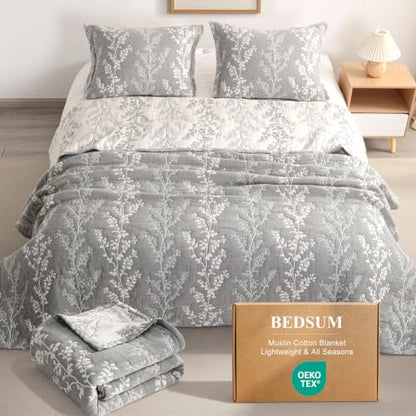 King Size Muslin Cotton Blanket - 3-Layer Yarn-Dyed Tree Design, 106x92 Inches
