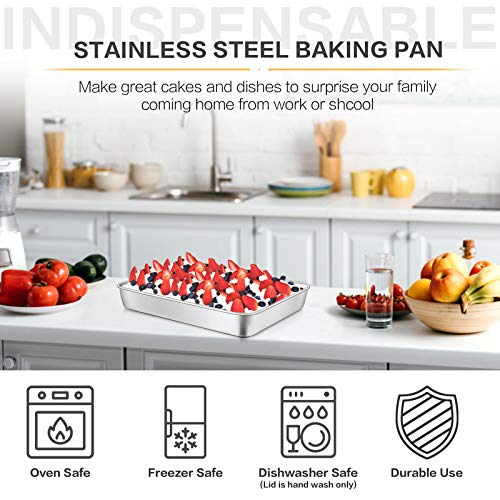 E-far Stainless Steel Baking Pan with Lid, 12⅓ x 9¾ x 2 Inch Rectangle Sheet Cake Pans with Covers Bakeware for Cakes Brownies Casseroles, Non-toxic & Healthy, Heavy Duty & Dishwasher Safe