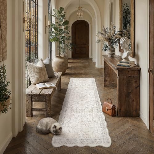 Beige Grey Scalloped Washable Runner Rug 2x6 Non Slip Vintage Carpet
