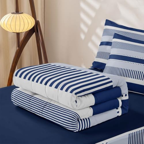 Kids Full Navy Blue Striped Zipper Bedding Set with Comforter & Pillowcases