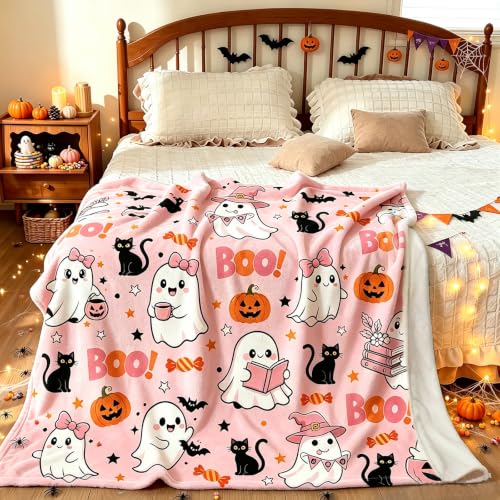 Pink Ghost Halloween Throw Blanket with Pumpkin & Black Cat Design - 50x60 Inches - Cozy Microfiber Decor