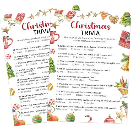 Christmas Trivia Game Pack of 30 Cards - Holiday Party Fun for Family & Adults