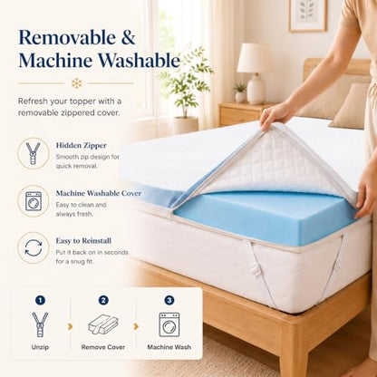 Blue King Size Gel Memory Foam Mattress Topper - 3 Inch Cooling Removable Cover