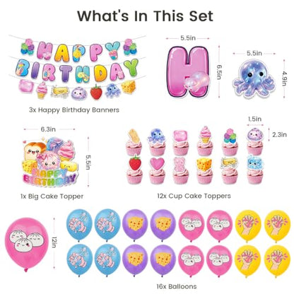Squishy Birthday Decorations Set with Banner Balloons & Cake Toppers - Variation of Squishy Decorations