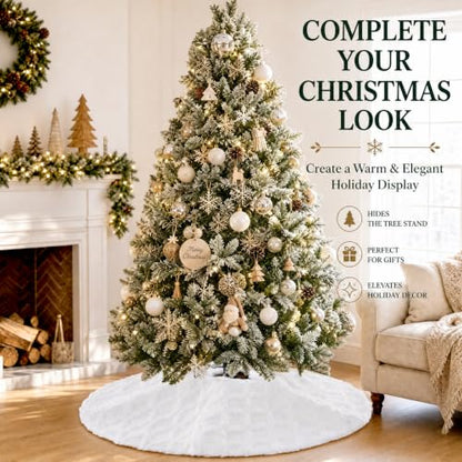 Cream Knitted Christmas Tree Skirt 24 Inch Plush Faux Fur Decor Collar