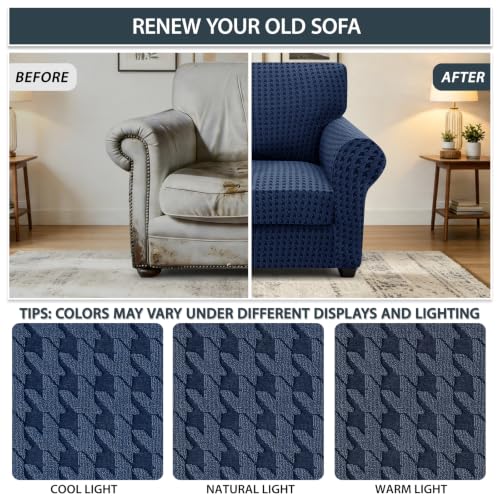 Stretch Chair Slipcover with Arms 34-44 Inches Navy Blue 2-Piece Armchair Cover with Elastic & Buckle - Armchair 1 Cushion Variation