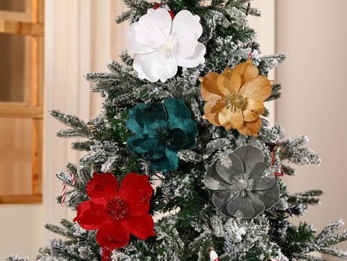 Large Glitter Christmas Magnolia Flowers Set - Blackish Green, 10 Inch