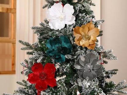 Large Glitter Christmas Magnolia Flowers Set - Blackish Green, 10 Inch