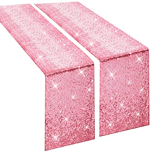 Pink Sequin Table Runner 2 Pack - 12x108 Inch Glitter Fabric for Weddings & Parties