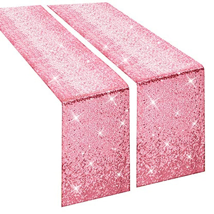 Pink Sequin Table Runner 2 Pack - 12x108 Inch Glitter Fabric for Weddings & Parties