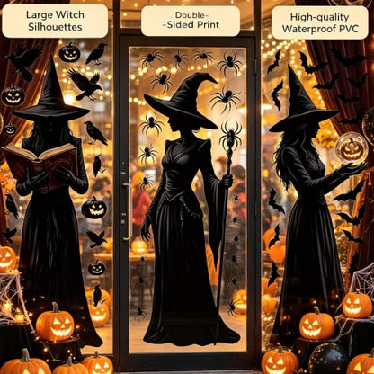 Halloween Window Clings Decor - Large Witch Silhouettes for Glass Windows, Indoor & Outdoor Party Decorations