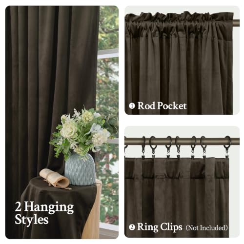Brown Velvet Blackout Curtains 52W x 84L Set of 2 - Thermal & Light-Blocking