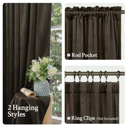 Brown Velvet Blackout Curtains 52W x 84L Set of 2 - Thermal & Light-Blocking