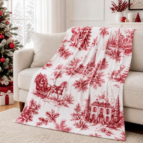 50x60 Flannel Christmas Throw Blanket with Vintage Toile Design
