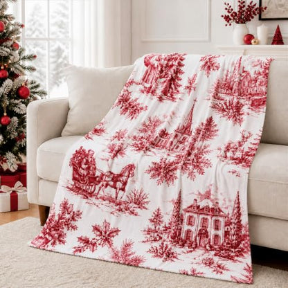 50x60 Flannel Christmas Throw Blanket with Vintage Toile Design