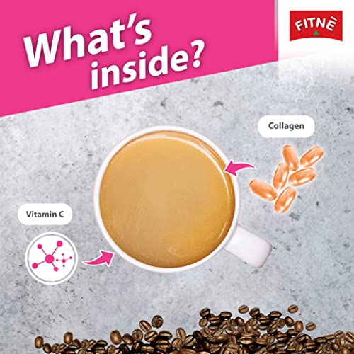 FITNE Instant 3 In 1 Coffee Packets Mix With Natural Hydrolyzed Collagen Vitamin C Smooth Blend Tasty Aromatic No Sugar Sucralose Sweetener, 10 Sticks