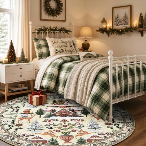 Cabin Tales Beige Round Christmas Rug 6ft for Living Room - Washable Holiday Decor