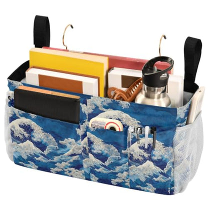 Deep Blue Sea Waves Bedside Caddy Organizer Hanging with 6 Pockets for Dorm Bed Bunk Rooms