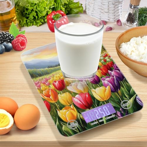 QwThum Food Scale Kitchen Digital Scale Food Ounces and Grams Dieting Baking Cooking Waterproof Glass Panels LCD Display,4 Units Scale Tare Function Cartoon Tulips