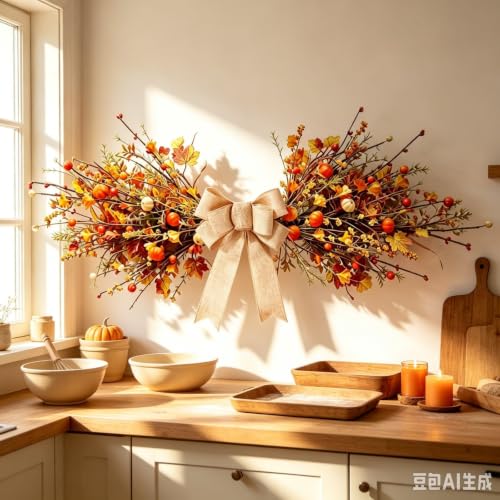 Fall Maple Leaf Pumpkin Berry Wreath with Burlap Bow for Front Door - Autumn Swag - Variation of This Listing: Mini Pumpkin