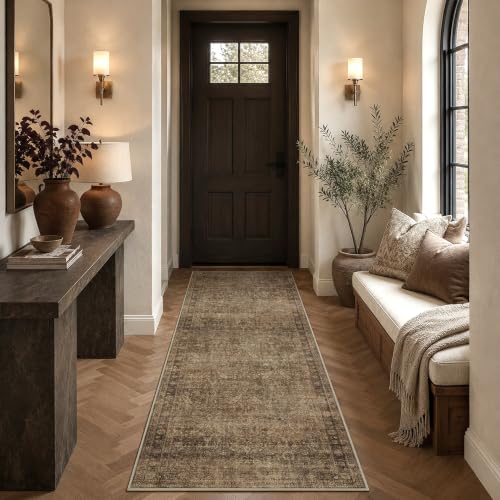 Brown 2ft x 6ft Washable Non Slip Hallway Runner Rug - Vintage Floral Pattern