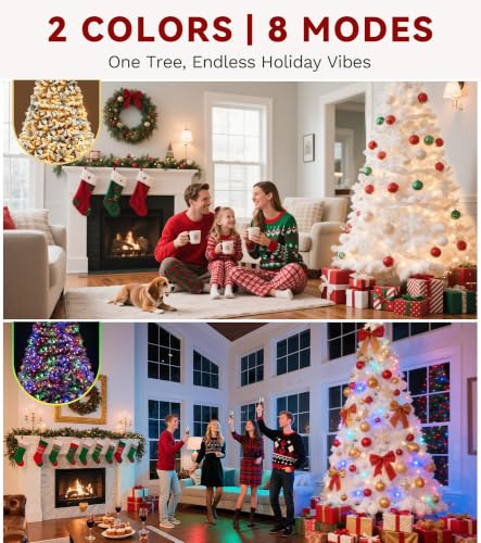 7.5Ft Pre-Lit Flocked Snow Christmas Tree with 1360 Tips & Dual-Color LED Lights - White / 7ft 6in