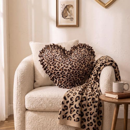 Fumete 2 Pcs Leopard Heart Pillow Set - Ruffles Brown 16 Inch