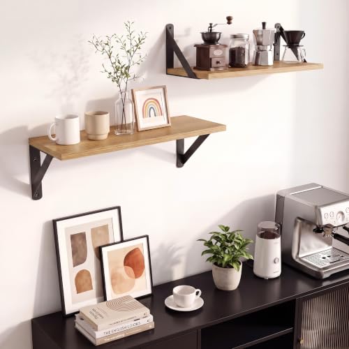 Oak Wall Shelves Set of 2 - 16x6 Inch Small Wooden Wall Storage