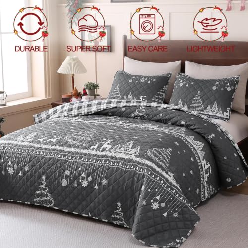 Grey Christmas King Quilt Set with Pillow Shams - Snowflake Elk Tree 96x106