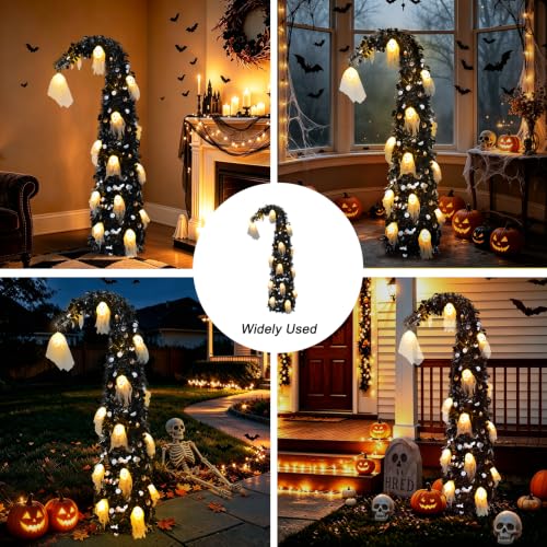 Black Halloween Tree with Ghost Skull Lights - 5ft Pop Up Tinsel Tree - Variation: Ghost Skull